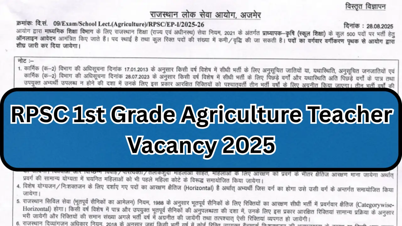 RPSC 1st Grade Agriculture Teacher Vacancy 2025