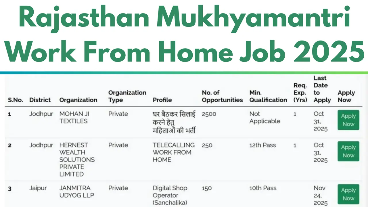 Rajasthan Work From Home Job 2025: Apply Online for 3675 Mukhyamantri Work From Home Scheme Vacancies